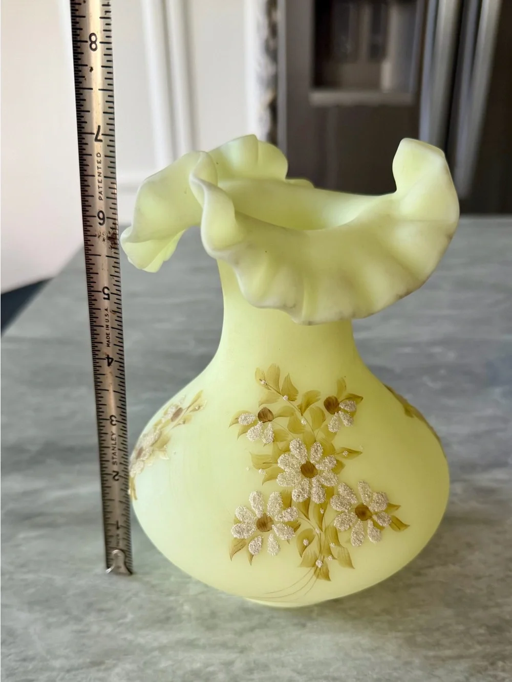 FENTON Yellow Satin Vaseline Custard Glass Vase Daisy Signed  C.Mackey 7